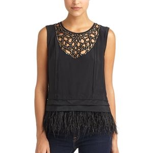 BCBG Black Dracey Sequin Bib Feather Top
